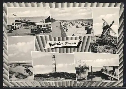 AK Wittdün /Amrum, Strandbad, Windmühle, Leuchtturm und Hafen