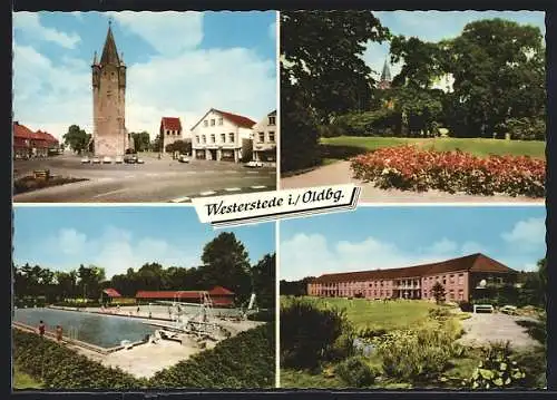 AK Westerstede i. Oldbg., Partie an der Kirche, Park, Badegäste im Freibad