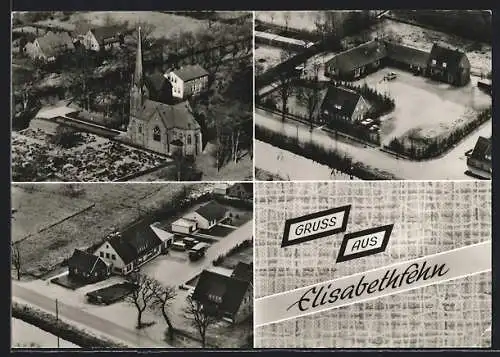 AK Elisabethfehn, Supermarkt Manfred Haak und Kirche aus der Vogelschau