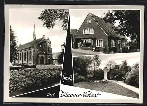 AK Ditzumer-Verlaat, Ortsansicht, Kirche, Denkmal