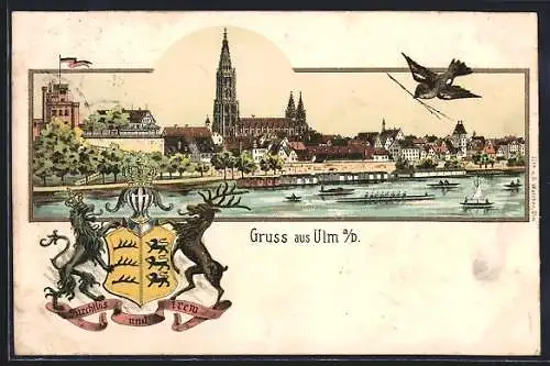 Lithographie Ulm a. D., Dom mit Ulmer Spatz, Wappen