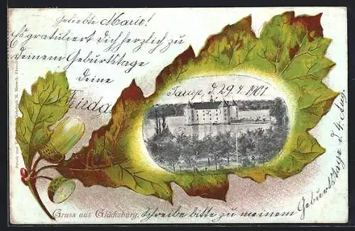 Passepartout-Lithographie Glücksburg, Schloss Glücksburg aus der Vogelschau, Eichenblatt