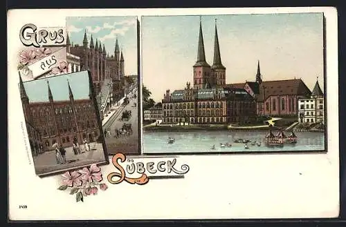 Lithographie Lübeck, Dom, Aussen- und Innenansichten