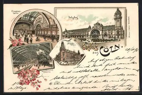 Lithographie Köln, Bahnhof mit Innenansicht & Eingangshalle