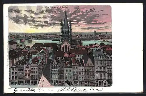 Lithographie Köln, St. Martinskirche mit Blick nach Deutz