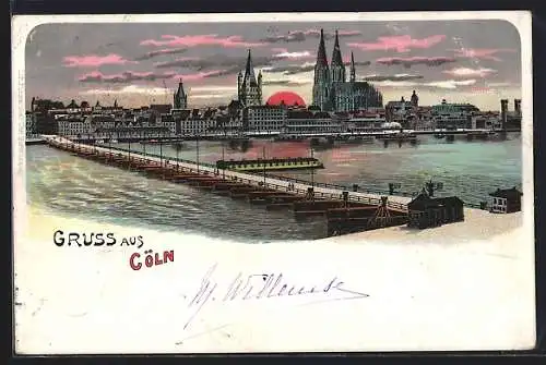 Lithographie Köln, Ortsansicht mit Dom von der rechten Rheinseite aus gesehen, Sonnenuntergang