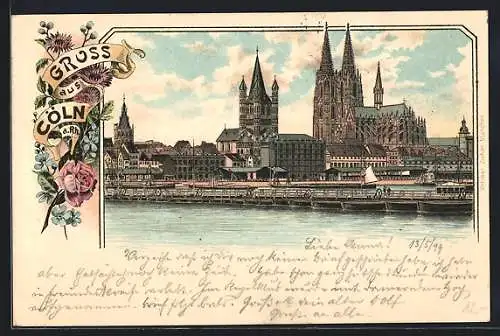 Lithographie Köln, Teilansicht mit Kölner Dom