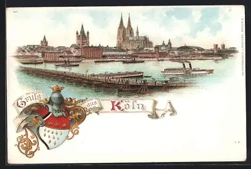 Lithographie Köln, Gesamtansicht mit Dom, Rheinbrücke und Stadtwappen