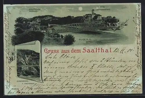 Mondschein-Lithographie Giebichenstein, Burg Giebichenstein und Saalschloss-Brauerei im Saalthal, Kaiserdenkmal