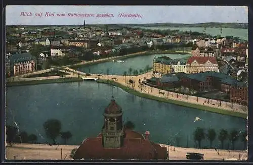 AK Kiel, Blick auf die Stadt vom Rathausturm gesehen (Nordseite), Strassenbahn