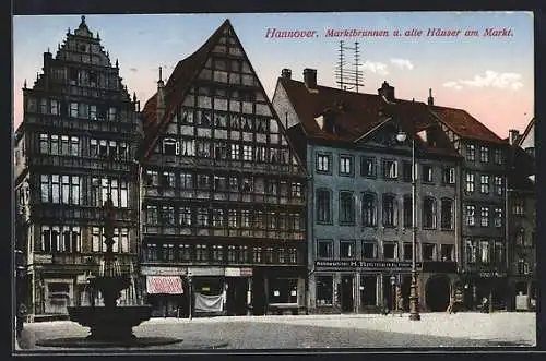 AK Hannover, Nähmaschinenhandlung Timmann am Marktplatz mit alten Häuser und Marktbrunnen