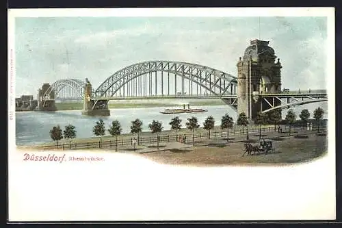 Lithographie Düsseldorf, Dampfer unter der Rheinbrücke