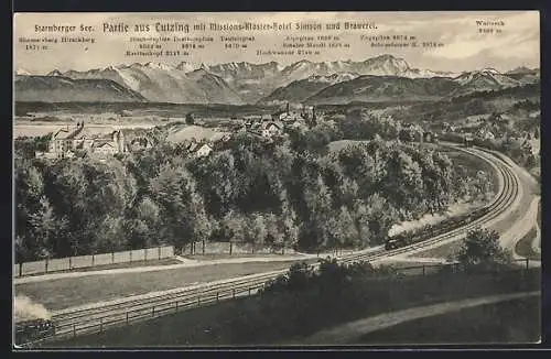 AK Tutzing /Starnberger See, Gesamtansicht mit Bergpanorama und Missions-Kloster-Hotel Simson