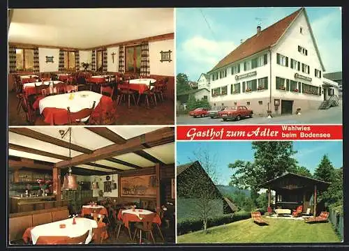 AK Wahlwies beim Bodensee, Der Gasthof zum Adler der Fam. Forster, Innen- und Gartenansicht, Leonhardstr. 29