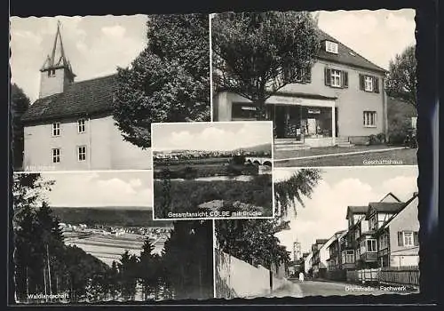 AK Cölbe, Alte Kirche, Geschäftshaus, Dorfstrasse mit Fachwerkhäusern, Waldlandschaft, Gesamtansicht