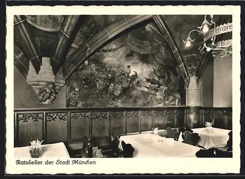 AK München, Gasthaus Ratskeller, Innenansicht mit dem Bild Die Sektschlacht