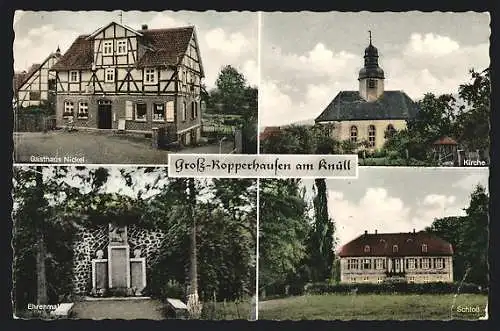 AK Gross-Ropperhausen am Knüll, Das Gasthaus Nickel, die Kirche, das Ehrenmal, das Schloss