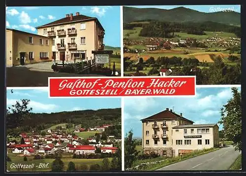 AK Gotteszell /Bayer. Wald, Gasthof-Pension Hacker, Bahnhof und Ortsansicht