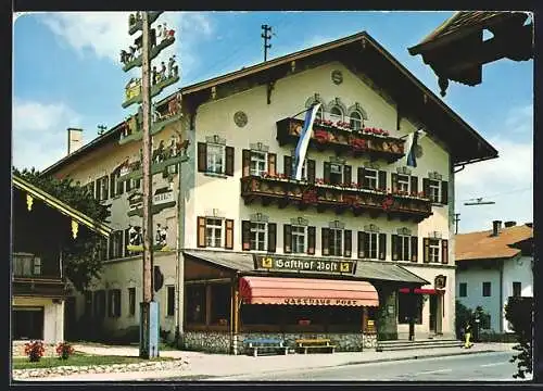 AK Grassau / Chiemgau, Gasthaus-Hotel zur Post, Inh. Evi u. K. H. Beier, Kirchplatz 8