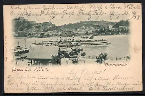 AK Koblenz, Blick auf die Festung Ehrenbreitstein mit Schiffsbrücke und Dampfer