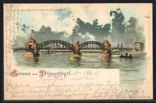 Lithographie Düsseldorf, Ansicht der neuen Rheinbrücke