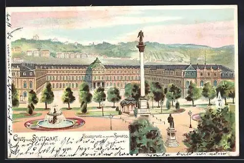 Lithographie Stuttgart, Schlossplatz mit neuem Schloss