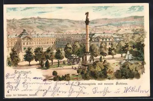 Lithographie Stuttgart, Schlossplatz mit neuem Schloss, Denkmal