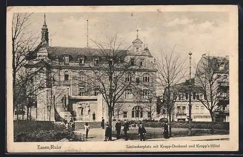 AK Essen /Ruhr, Limbeckerplatz mit Krupp-Denkmal und Krupp`s Hotel