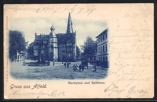 AK Alfeld / Leine, Marktplatz mit Rathaus und Kindern