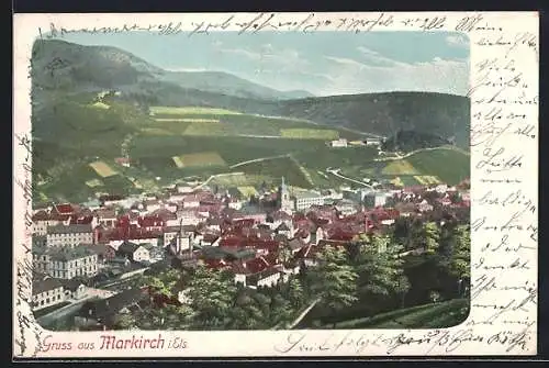 AK Markirch, Ortsansicht mit Kirche und Bergpanorama