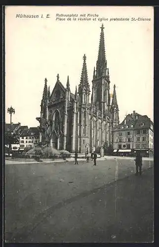 AK Mülhausen i. E., Rathausplatz mit Kirche