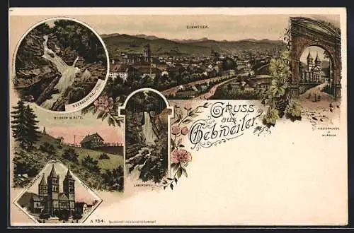 Lithographie Gebweiler, Ortsansicht, Kirche, Hotel auf dem Belchen, Lauchenfall