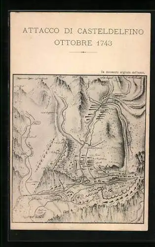 AK Attaco di Casteldelfino, ottobre 1743, Landkarte mit Schlachtplan