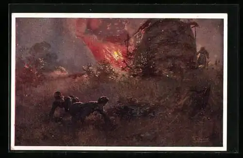 AK Nr.: 266, Rotes Kreuz, Heuschober wird durch Infanterie in Brand gesetzt, feindliche MG-Abteilung vernichtet