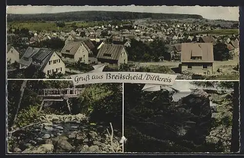 AK Breitscheid /Dillkreis, Bach mit Brücke, Felsen im Wald, Ortsansicht aus der Vogelschau