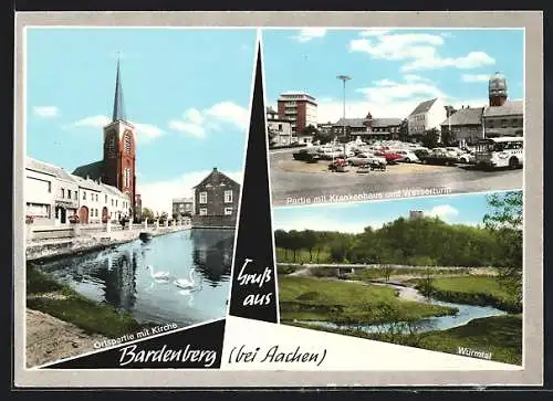 AK Bardenberg, Teichpartie mit Kirche, Krankenhaus und Wasserturm, Wurmtal