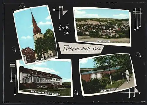 AK Bergneustadt /Rhld., Evgl. Kirche, Feuerwehrerholungsheim, Aggertalsperre, Teilansicht