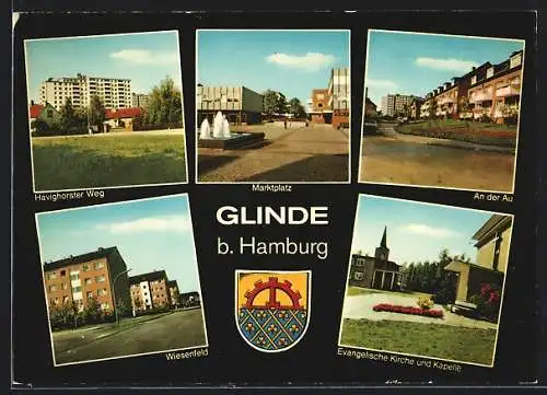 AK Glinde / Hamburg, Havinghorster Weg, Marktplatz, an der Au, Wiesenfeld und evangelische Kirche und Kapelle