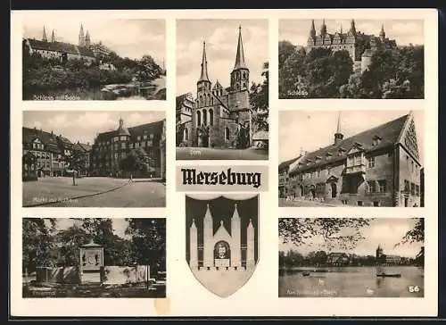 AK Merseburg, Schloss mit Waterloobrücke, Markt mit Rathaus, Ehrenmahl, Schloss, Altes Rathaus, Am Gotthard-Teich