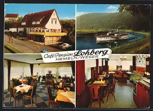 AK Hemeln /Weser, Drei Ansichten von Cafè-Pension Lohberg und Dampfer