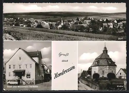 AK Hombressen, Waren- und Gasthaus Hermann, Kirche, Ortsansicht