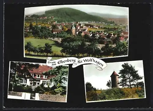 AK Elbenberg /Kr. Wolfhagen, Ortsansicht mit Kirche, Turm, Pension