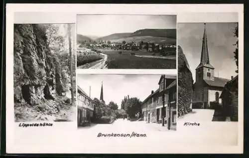 AK Brunkensen /Hann., Lippoldshöhle, Kirche und Strassenpartie