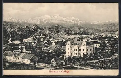 AK Cetinje / Cettigne, Teilansicht mit Blick zum Lovcen