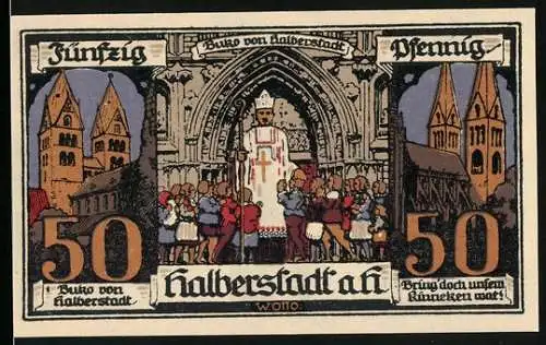 Notgeld Halberstadt, 1921, 50 Pfennig, Bischof vor Kathedrale und Statue mit Schild