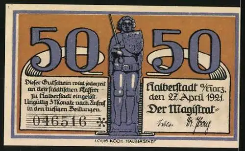 Notgeld Halberstadt, 1921, 50 Pfennig, Bischof vor Kathedrale und Statue mit Schild