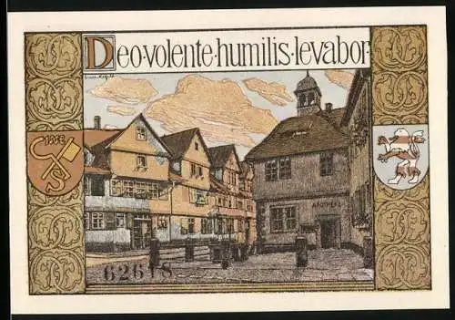 Notgeld Bad Sooden an der Werra, 1921, 50 Pfennig, Stadtansicht und Wappen, Apotheke links