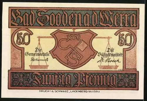 Notgeld Bad Sooden an der Werra, 1921, 50 Pfennig, Stadtansicht und Wappen, Apotheke links