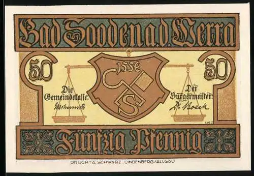 Notgeld Bad Sooden a.d. Werra, 1921, 50 Pfennig, Wappen und verschneites Dorf