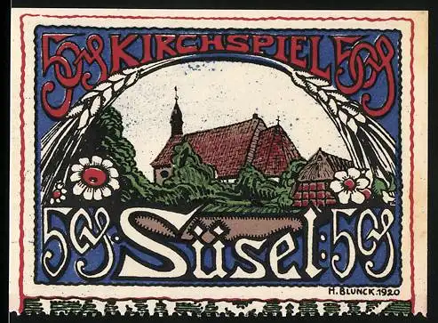 Notgeld Süsel 1920, 50 Pfennig, Kirche und Landschaft, H. Blunck